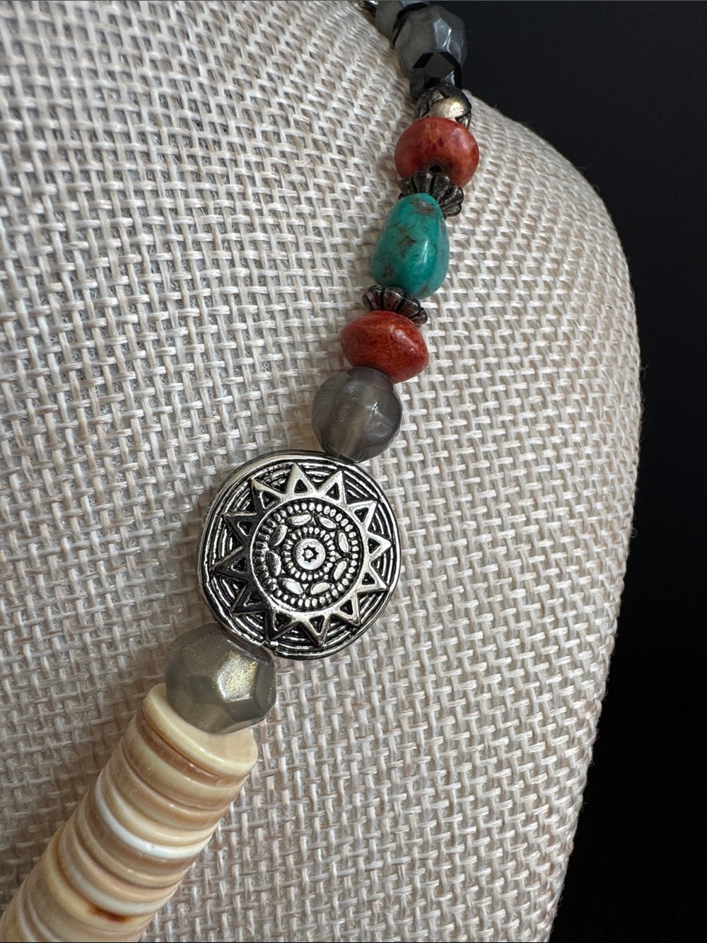 VTG Inspired Zuni-Style Mosaic Inlay Pendant Necklace Hematite Fan - Picture 3 of 6